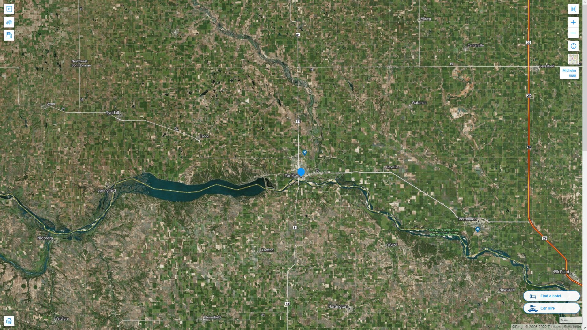 Yankton South Dakota Highway and Road Map with Satellite View